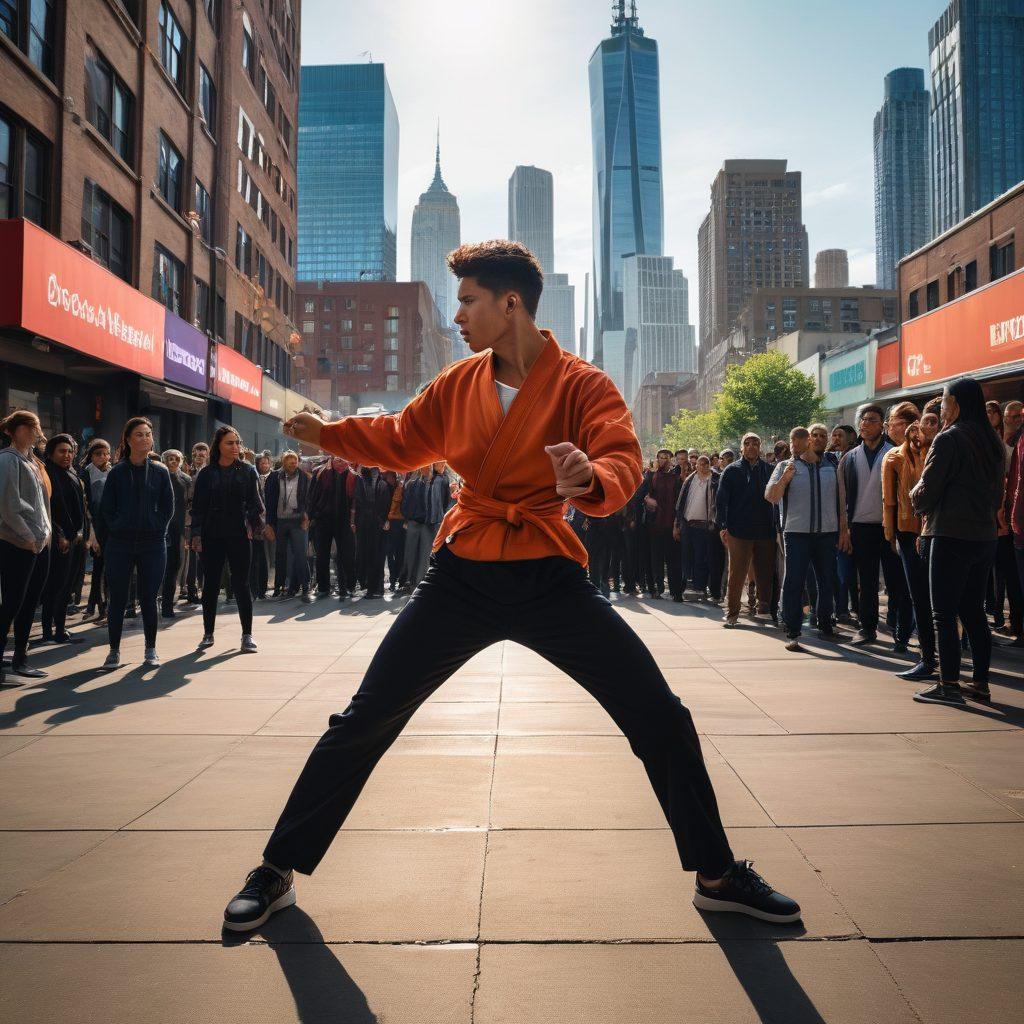 A determined individual practicing self-defense techniques in an urban environment, showcasing a dynamic move with visible energy and focus. Surround them with diverse bystanders observing with intrigue, emphasizing real-world application. Use a city skyline in the background to represent a real-world setting. The scene should convey empowerment and confidence. vibrant colors. super-realistic. urban style.