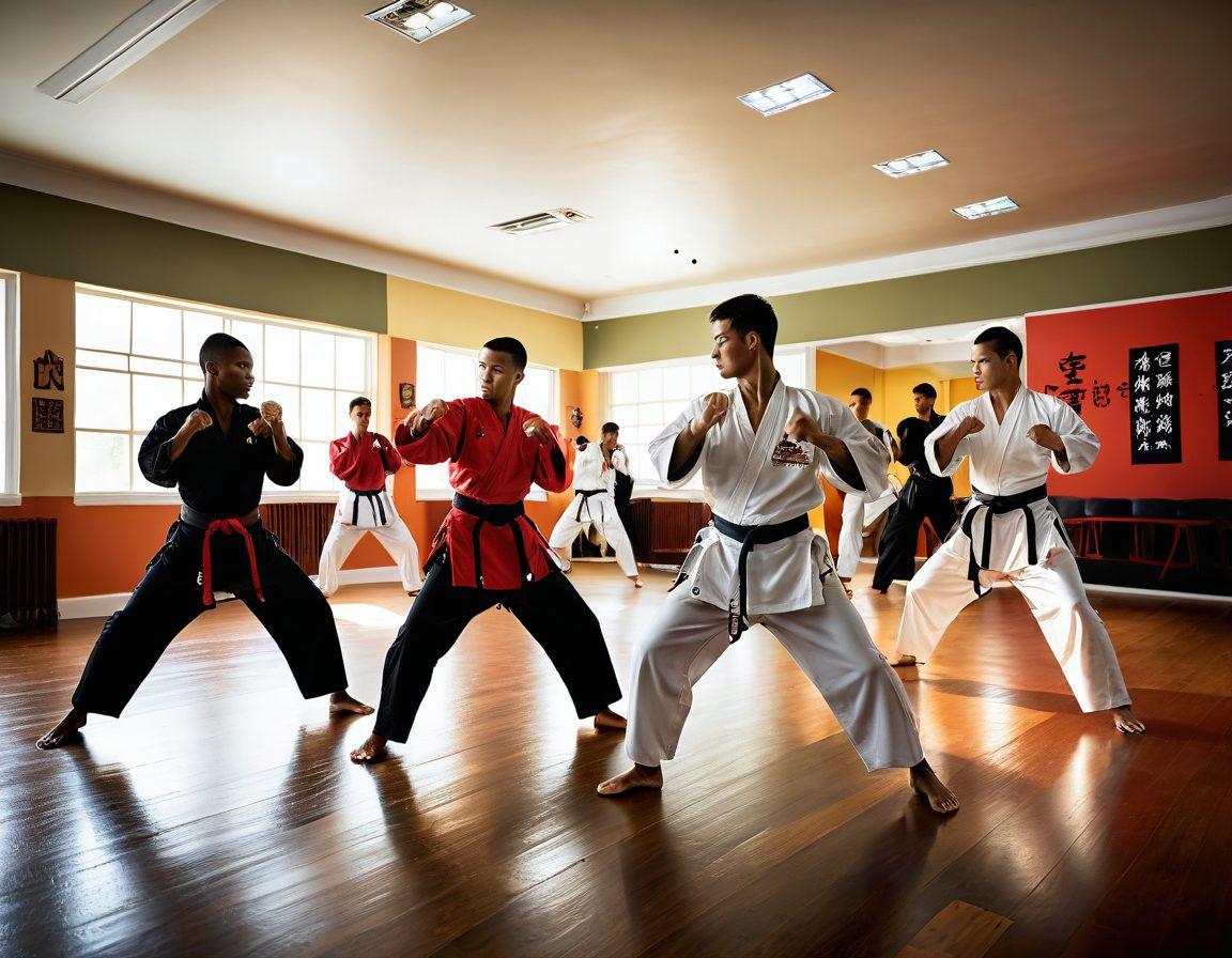 An inspirational image of a diverse group of martial artists practicing various self-defense techniques in a well-lit dojo. Showcase a dynamic blend of movements, reflecting power and precision. Include elements like traditional martial arts uniforms, a large mirror, and motivational wall decals. Capture the energy and focus in their expressions. super-realistic. vibrant colors. dynamic composition.
