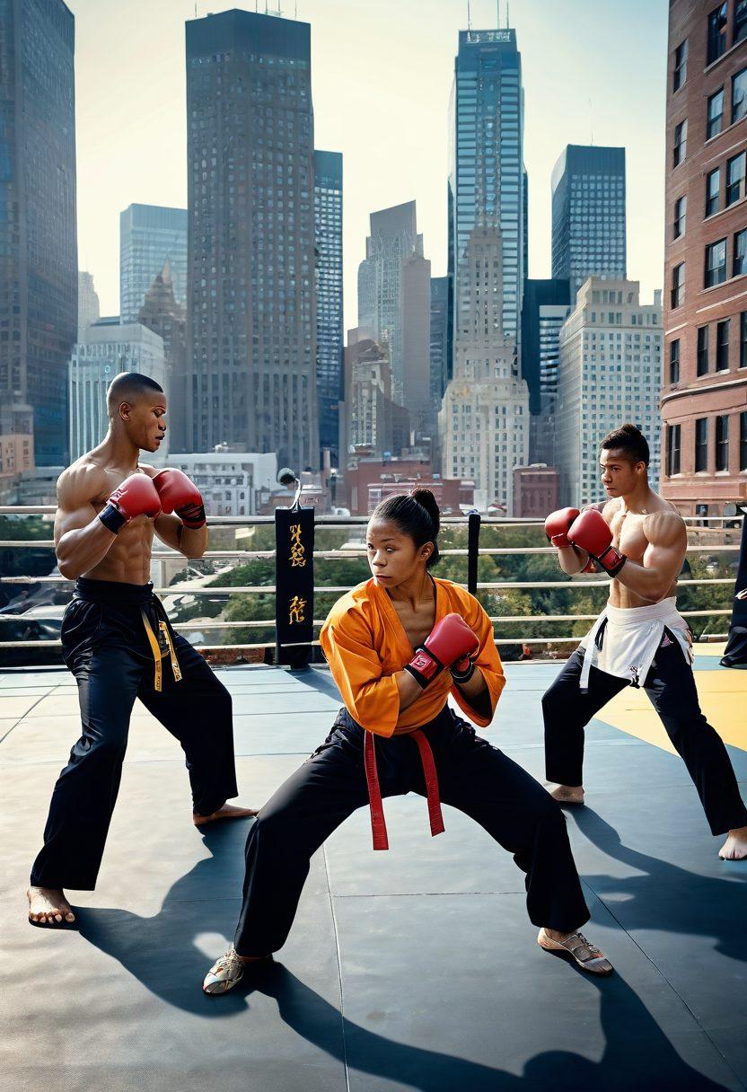 A dynamic scene showcasing a diverse group of martial artists practicing various self-defense techniques in an urban setting, blending traditional and modern styles. Incorporate striking poses, powerful movements, and expressions of focus and determination, with a city skyline in the background. Include elements like training mats, punching bags, and spectators to add depth. The color palette should be vibrant, highlighting the energy and intensity of combat fitness. super-realistic. vibrant colors. urban background.